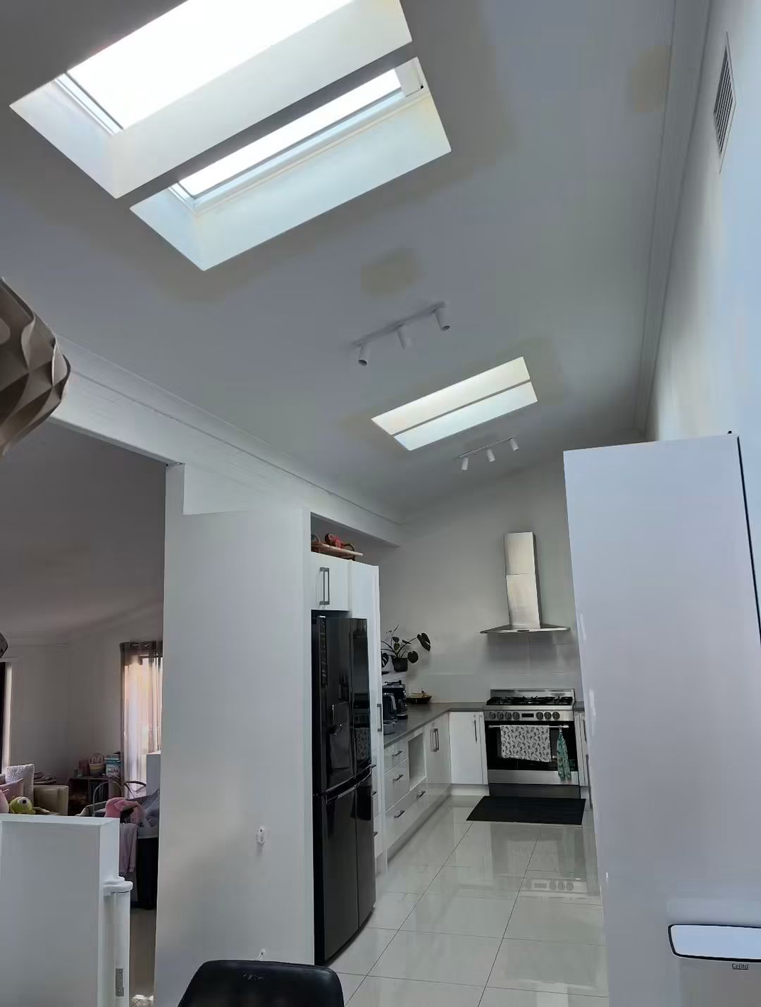Skylights running down a galley kitchen