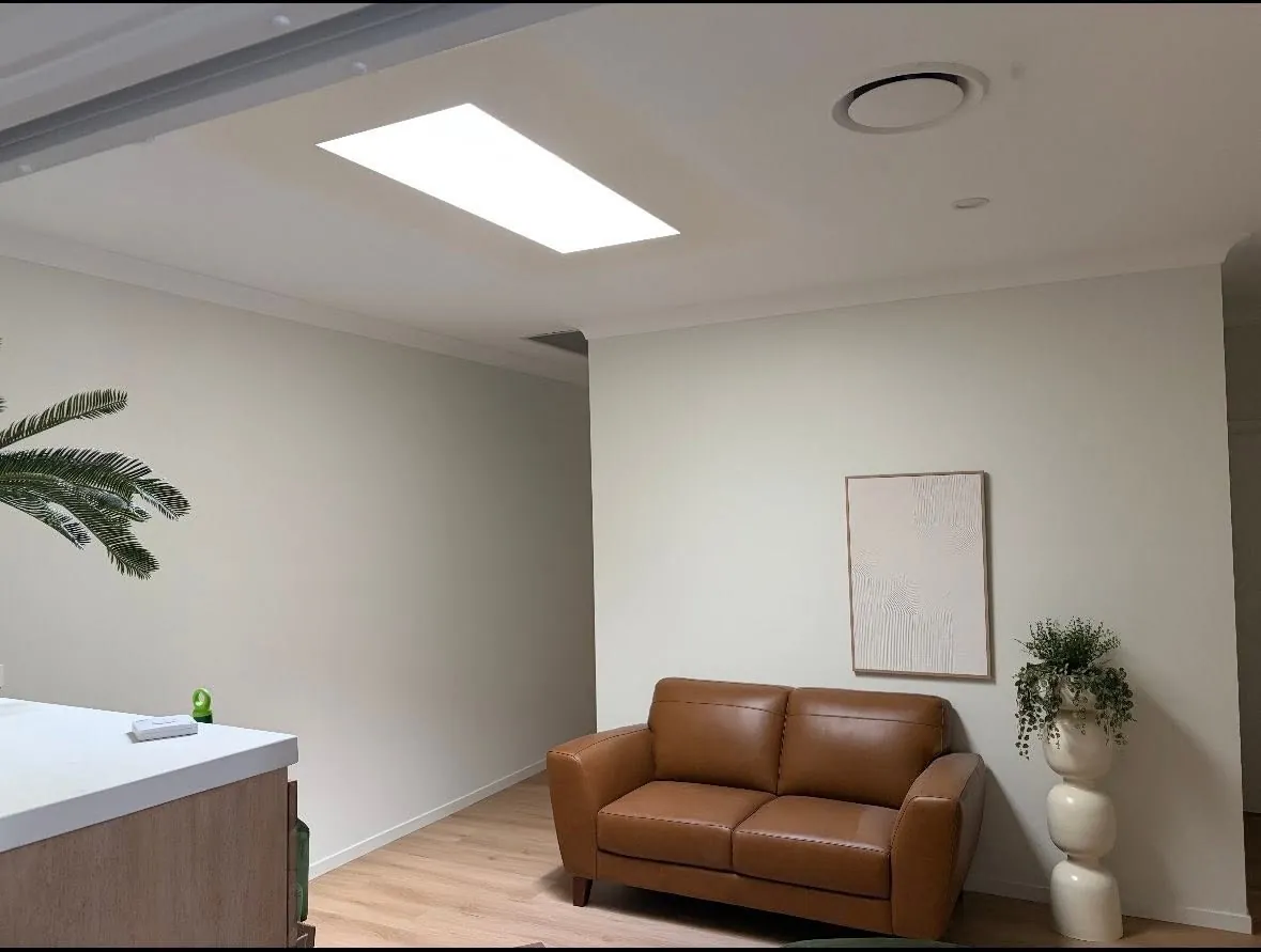 Skylight lighting a living room with a leather lounge