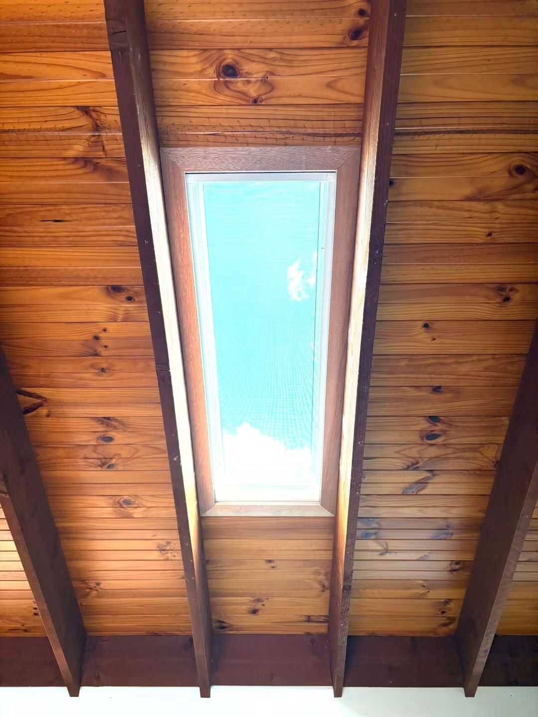 Long skylight between timber ceiling beams